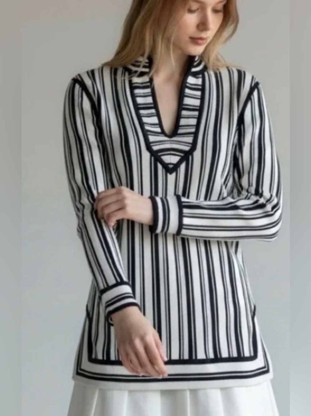 Tory Birch Gina Tunic Black and White Striped Cotton V-neck Top size Small